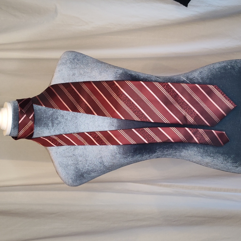 100% Silk Tie Red Pale Pink Diagonal Stripes Black Micro Leopard Handmade EUC
